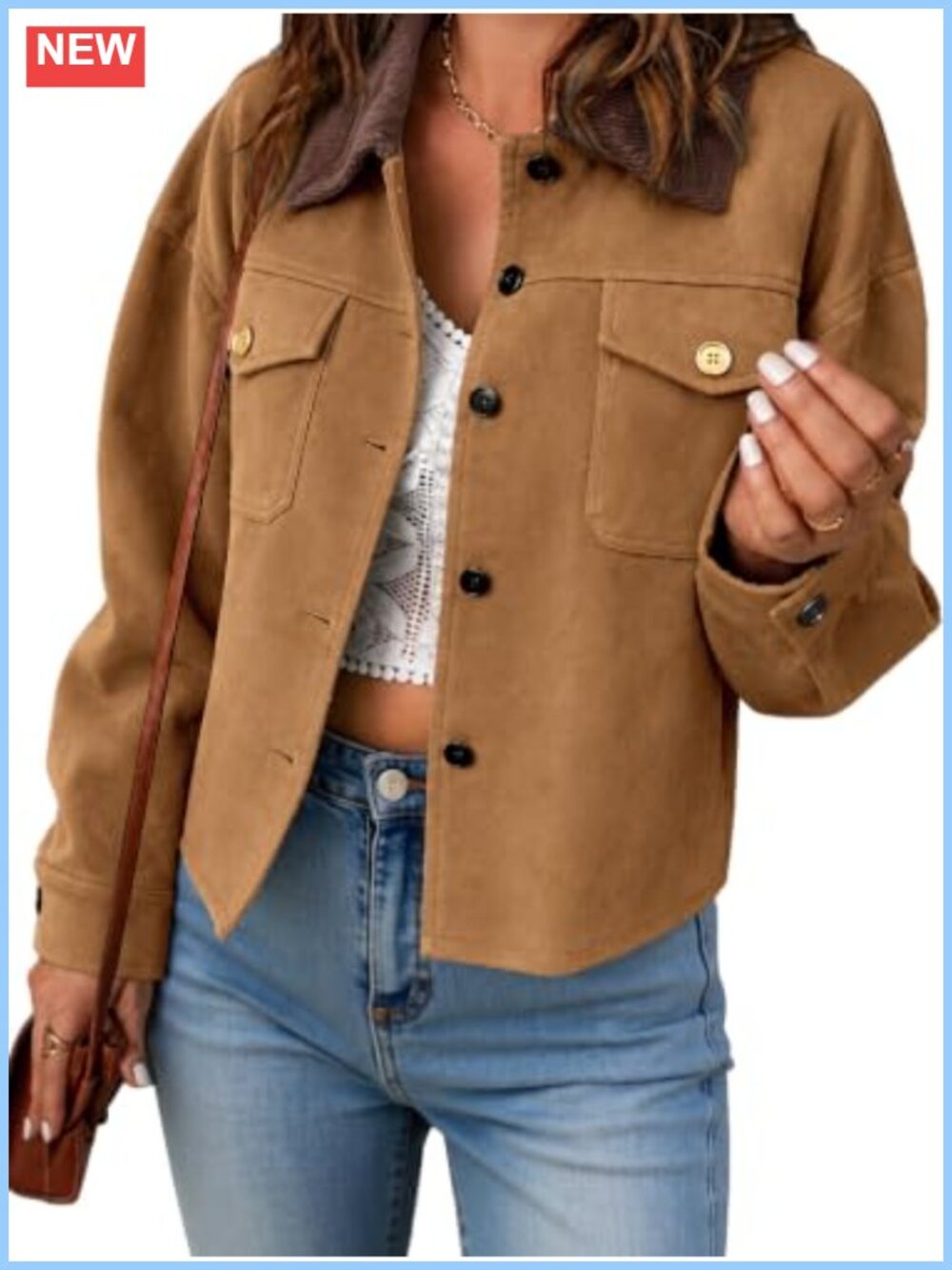 Faux Suede Cropped Jacket Fitted Button Front Casual Shacket